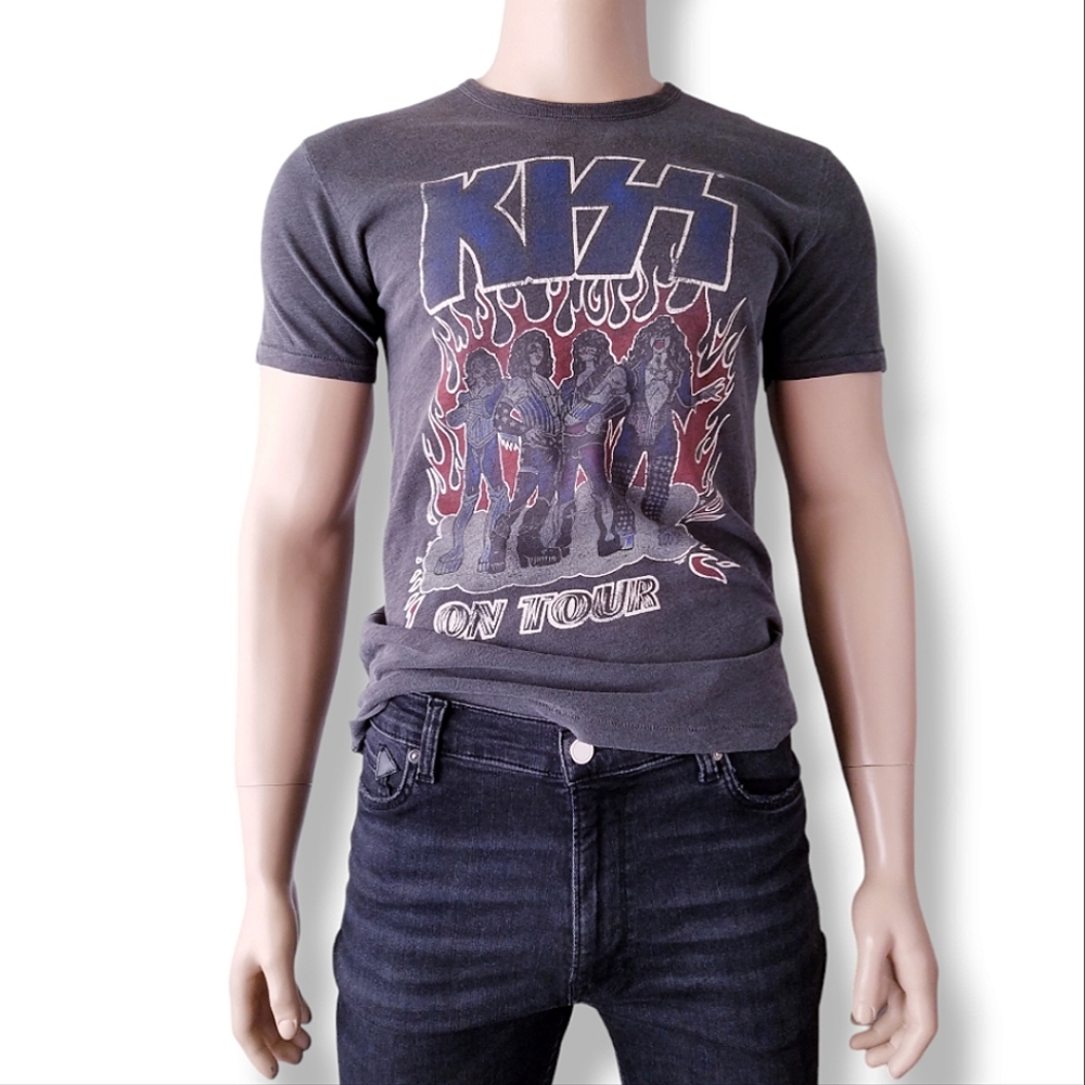 Kiss Band Gray "On Tour" Retro Wash Printed T-Shirt Size Small